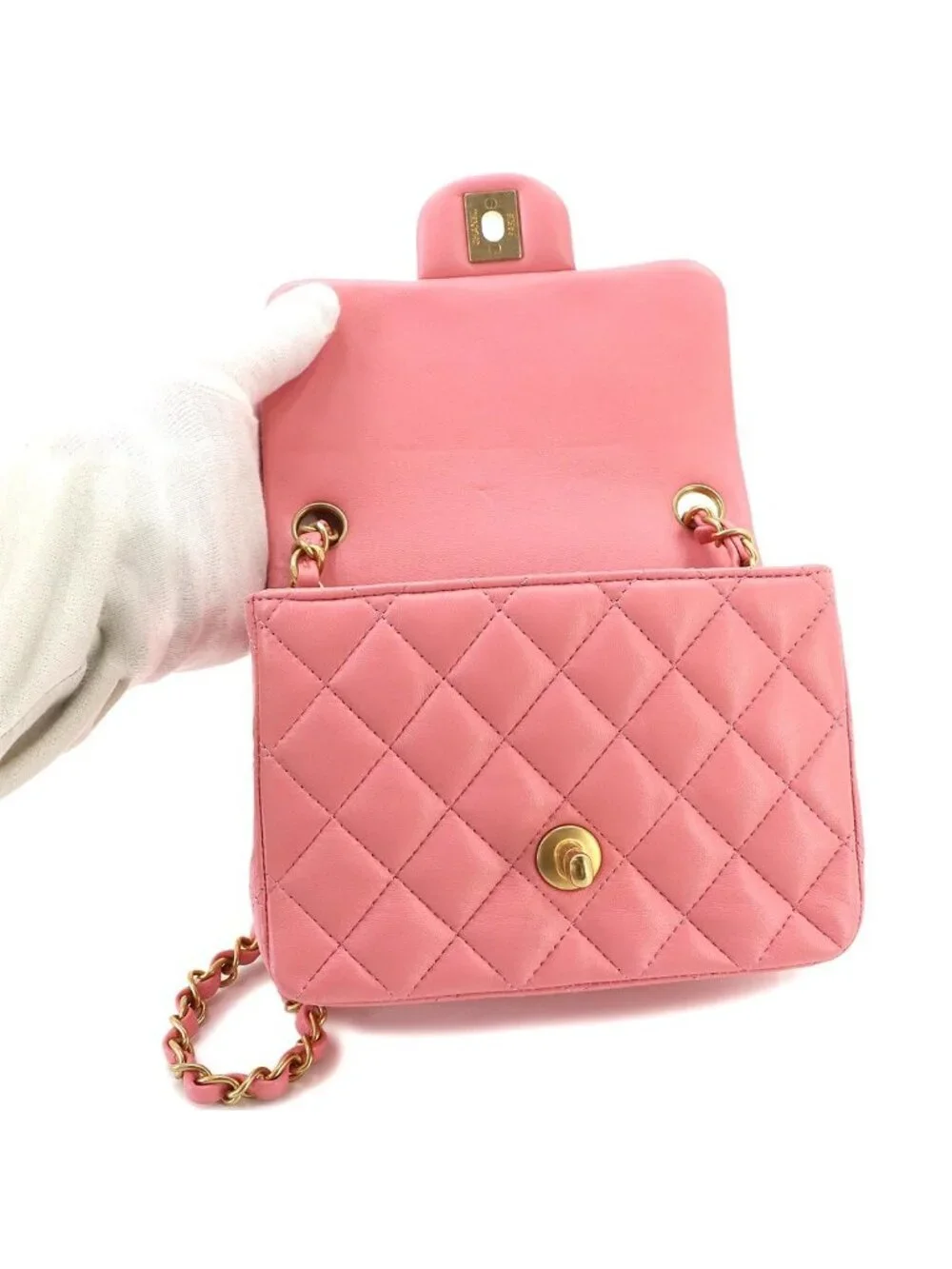 Chanel Mini Quilted Chain Shoulder Bag Lambskin Pink Gold